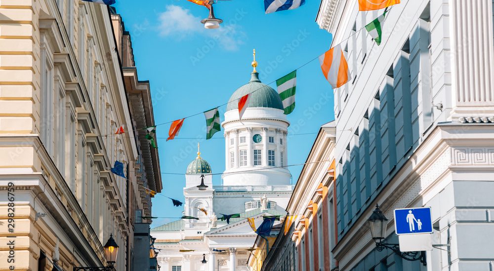 Helsinki cathedral with colorful garland in Helsinki, Finland