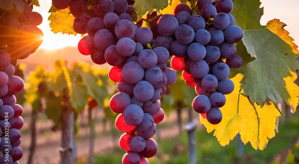 Vine grapes on tree at sunset