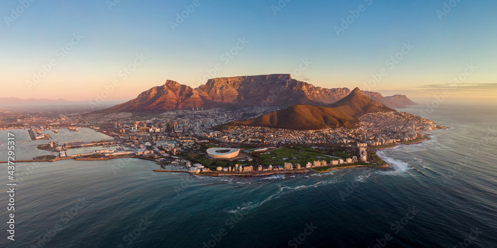 Aerial panoramic view of Cape Town cityscape at sunset, Western Cape Province, South Africa.