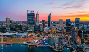 Perth, Australia - Mar 04 2020: The Perth City skyline during dawn. Perth is the capital of Western Australia